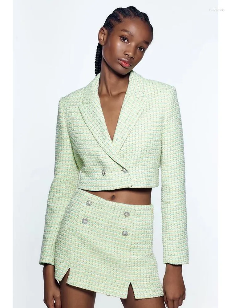 Женские спортивные костюмы Fitshinling Houndstooth Crop Blazer и шорты для юбки Соответствующие наборы для женщин Сексуальные твидовые пиджаки подходят к двум частям