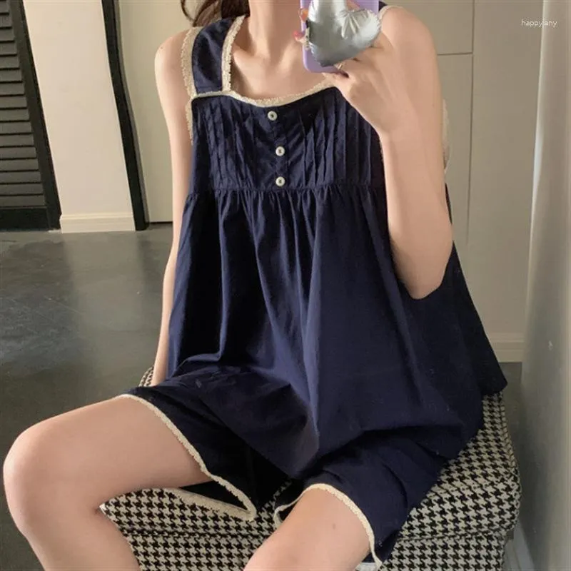 Women's Sleepwear Summer Solid Color Pajama Set Cotton Navy Blue Button Lace Flounce Night-clothes Sling Sweet Young Girl Unique Dress