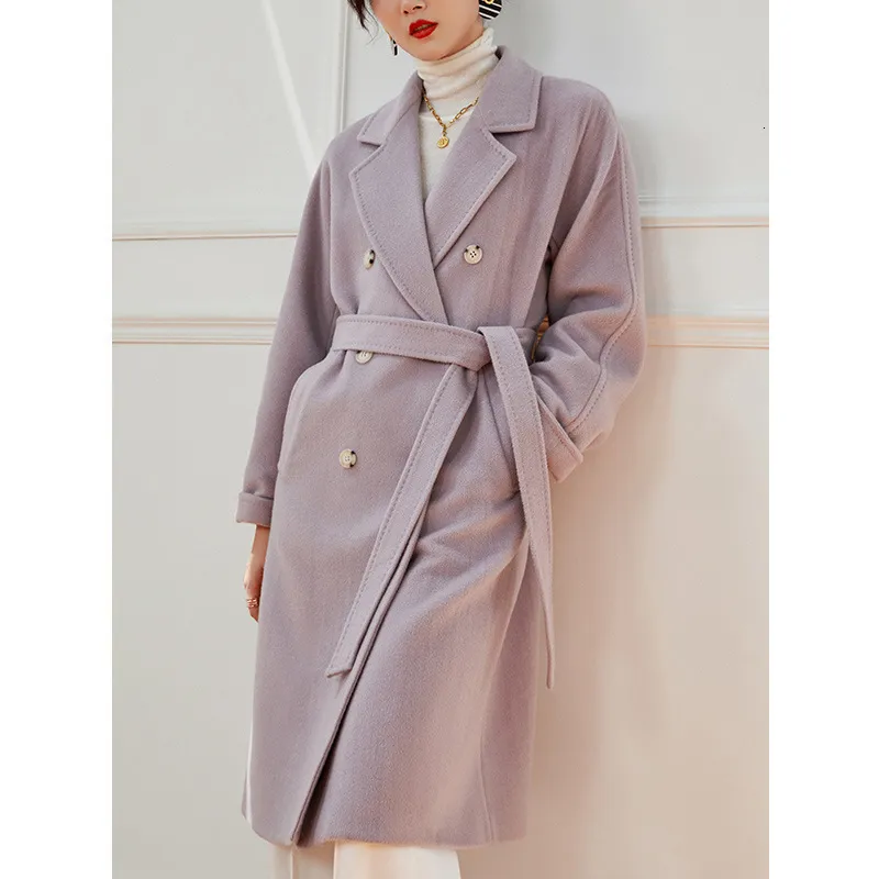 レディースジャケット穏やかな風の紫色のカシミアコート女性肥厚ウール長95％5％冬230818