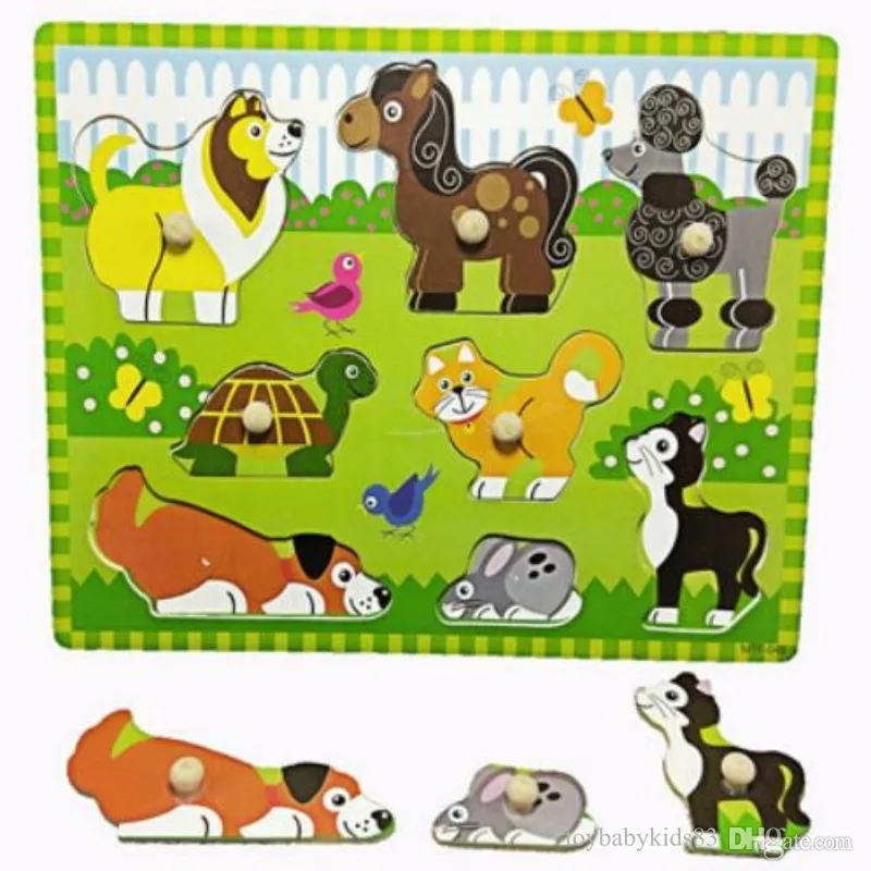 Mini Montessori Wooden 3D Puzzles Hand Grab Boards Cartoon Animaux Jigsaw pour bébé