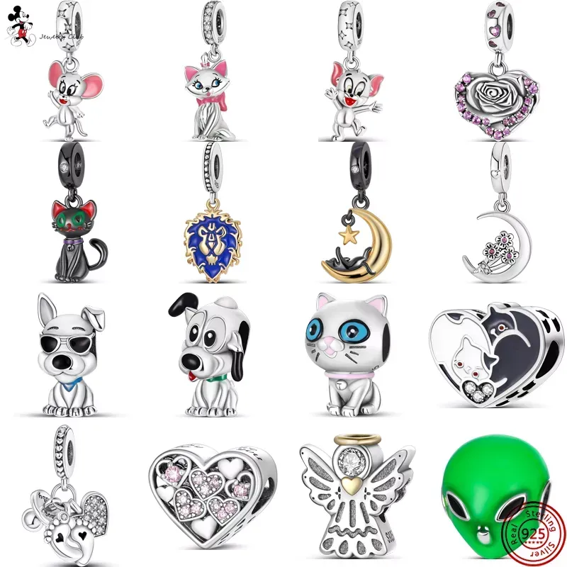 925 Silver Fit Pandora Charm 925 Bracelet Cartoon Cute Cat Dog Angel Bloemen Hart Charms voor Pandora Charm 925 Silver Beads Charms