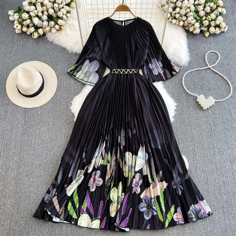 Basic Casual Dresses Fashion Flower Print Pleated Dress Women Summer New Pink Black Vestidos With Sashes Mid-Length O-neck Half Sleeve Ladies Dresses 2024