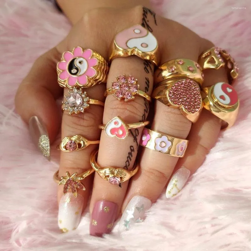 Wedding Rings Cute Girls Pink Crystal Enamel Jewelry Yin Yang Butterfly Flower Love Ring 2023 Fashion Party Girlfriend Gift