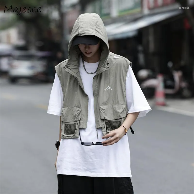 Men's Vests Tactical Cargo Men Hooded Military Teens Handsome American Retro Techwear Cropped Coats All-match Unisex Clothing Zip-Up