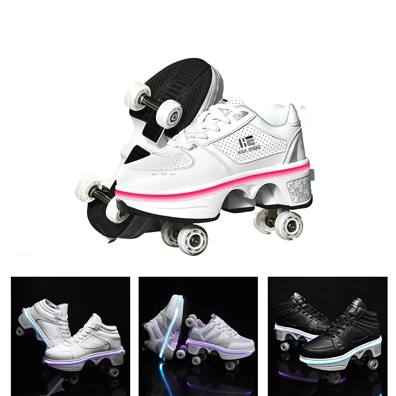 Athlétique En Plein Air KOFUBOKE LED Déformation Skate Chaussures Blanc Unisexe Rétractable 4 Roue Sneaker Adultes Enfants Casual Lumière Kick Roller Chaussures 230818