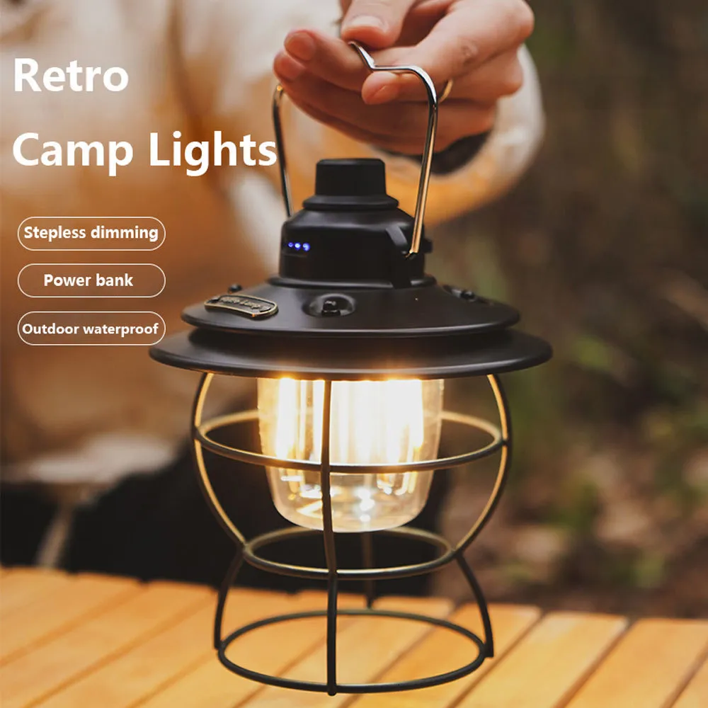 Lanternas portáteis retro portátil acampamento leve recarregável Lâmpada de suspensão Lâmpada em casa 3 modos Torch em linha reta com lanterna USB Iluminação de acampamento 230820