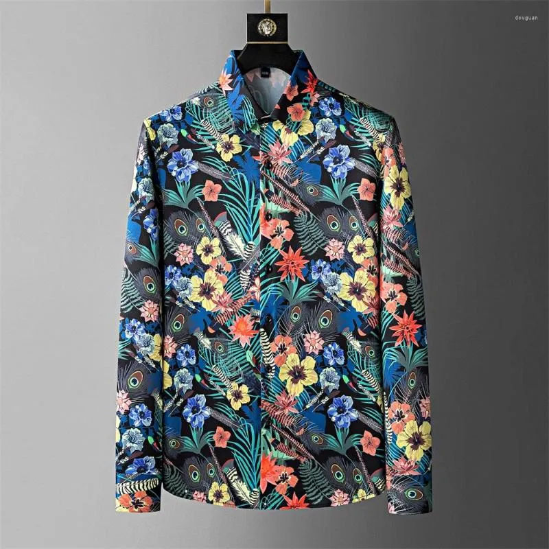 Men's Casual Shirts 2023 Autumn Peacock Feather Flower Print Men Fashion Slim Fit Retro Business Social Dress M-5XL