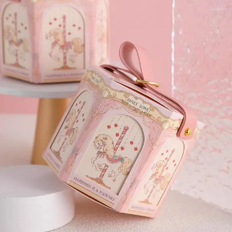 Present Wrap 1pc Hexagonal Bag Candy Box Portable Leather Handle Blue Pink Wedding Birthday Storage