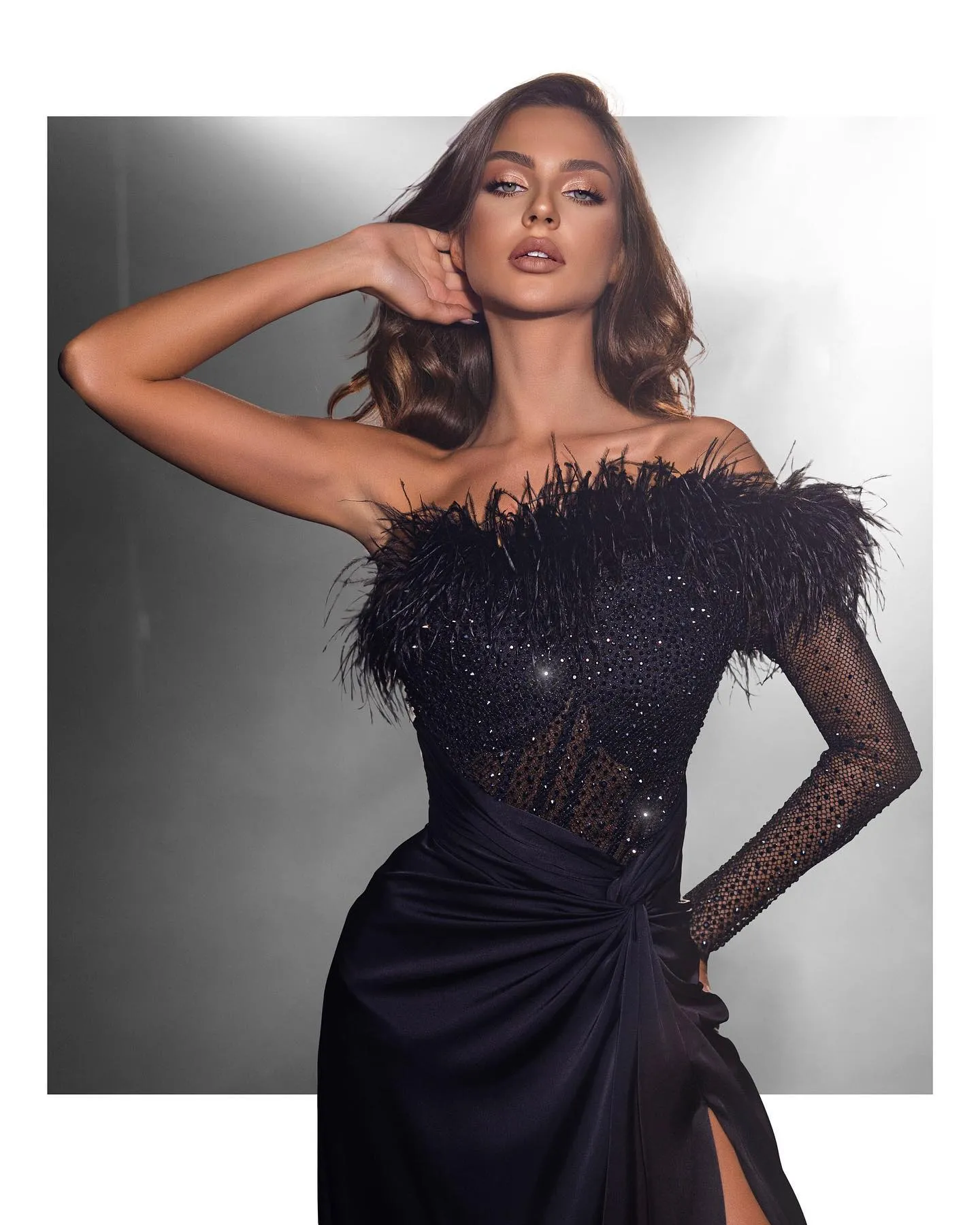 Elegant Feathered Off Shoulder Evening Gown Sleek... From Missbeautydress,  $182.27