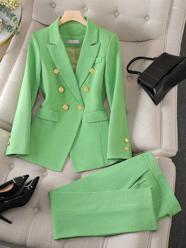 Women's Two Piece Pants Fashion Pink Green Black Ladies Work Wear Pant Suit Women Female Button Decoration Formal Jacket Blazer And Trouser