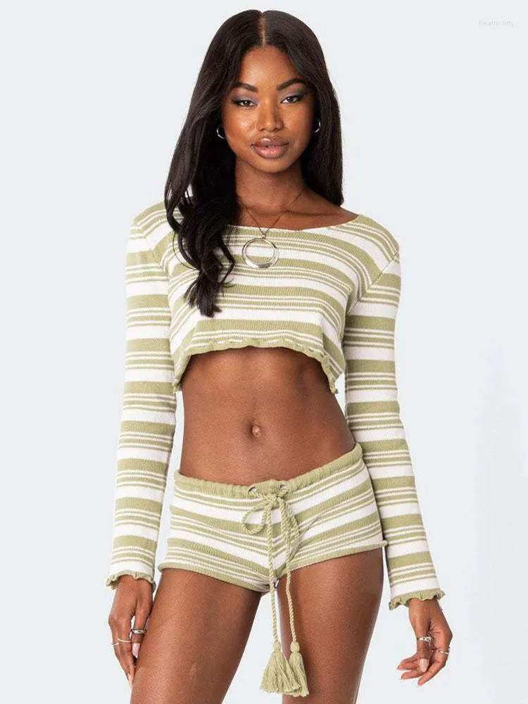 Survêtements pour femmes Ensemble de shorts à lacets tricotés Apprabant Couleur contrastée Rayé Midring Baring Tops à manches longues Pantalon taille basse Sexy Spice