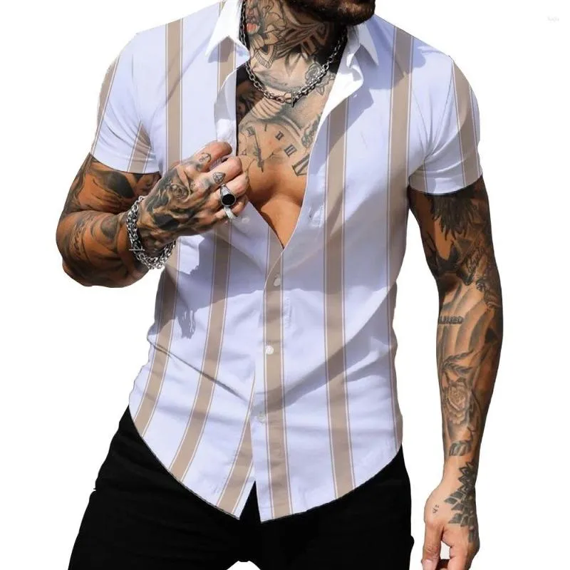 メンズカジュアルシャツ2023夏のデジタルプリントストライプハワイアンポロシンショートスリーブシャツトップマルチカラー衣類メンズ