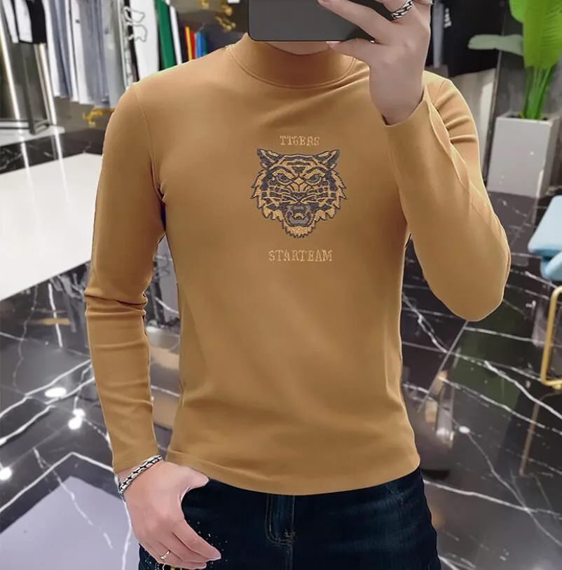 Men's Sweater 2023 Autumn New High Collar Men's Long Sleeve T-shirt with Plush Bottom Sweater Fashion Printed Men's Sweater