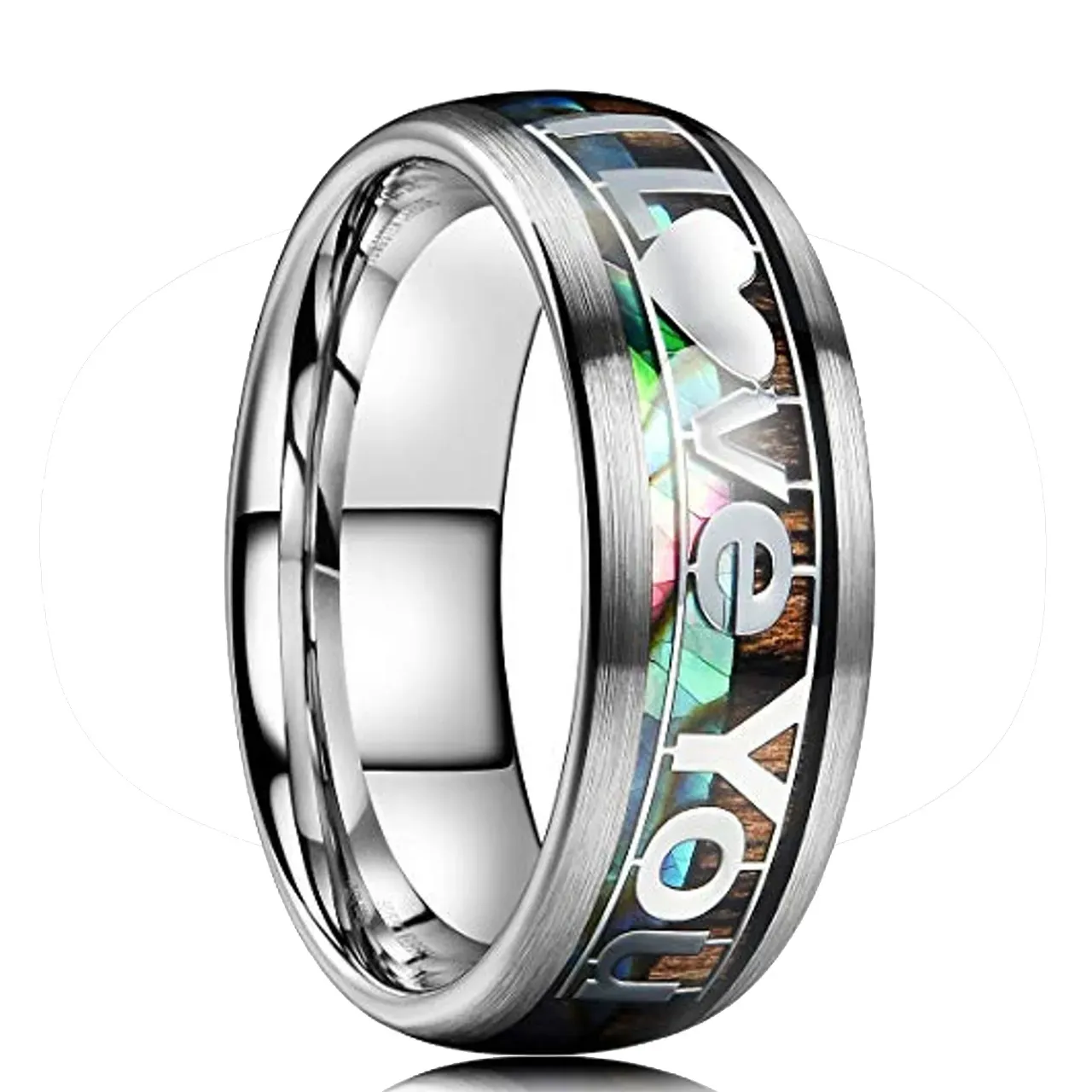 Fashion "I Love You" Letter Stainless Steel Rings Inlay Koa Wood and Abalone Shell Rings For Men Women Couple Wedding Jewelry