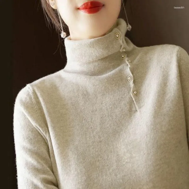 Suéteres femininos de colarinho de colarinho alto coreano cor sólida de cor comprida pulverinces de tricô comprido temperamento reto leve de elasticidade leve