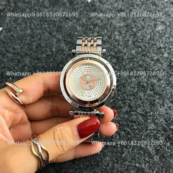 Moda Brand Wrist Watch Women Girls Diamond pode girar o estilo de discagem com logotipo de luxo Banda de metal de aço quartzo relógio P18