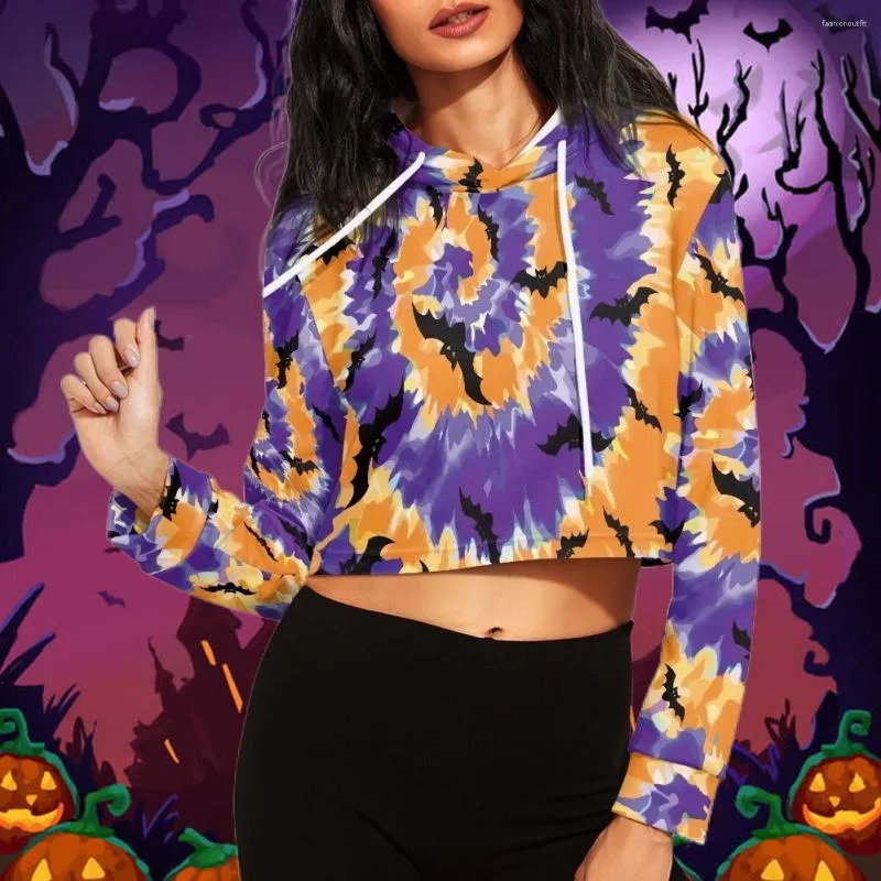 Sweat à capuche femme Halloween Tie Dye noir chauve-souris imprimé pull sweat à capuche pour adolescentes Costume extérieur court hauts courts