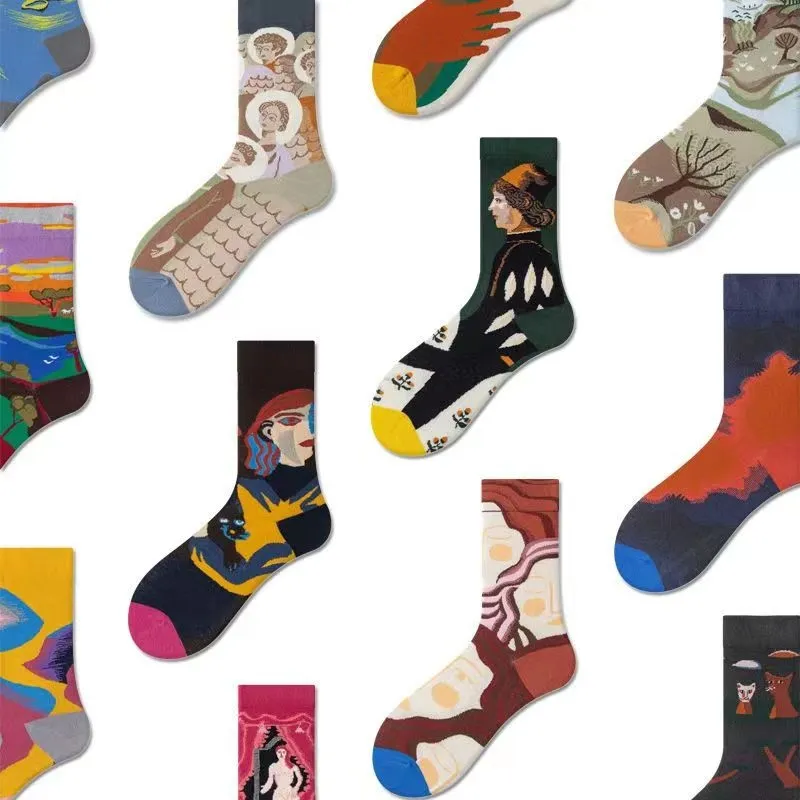 Designer Cotton Socks For Mens Womens Classic Retro Oil Painting socks Man's Basketball stocking Couple mid-tube Sports Winter Socks Hip Hop Colorful Skateboarding