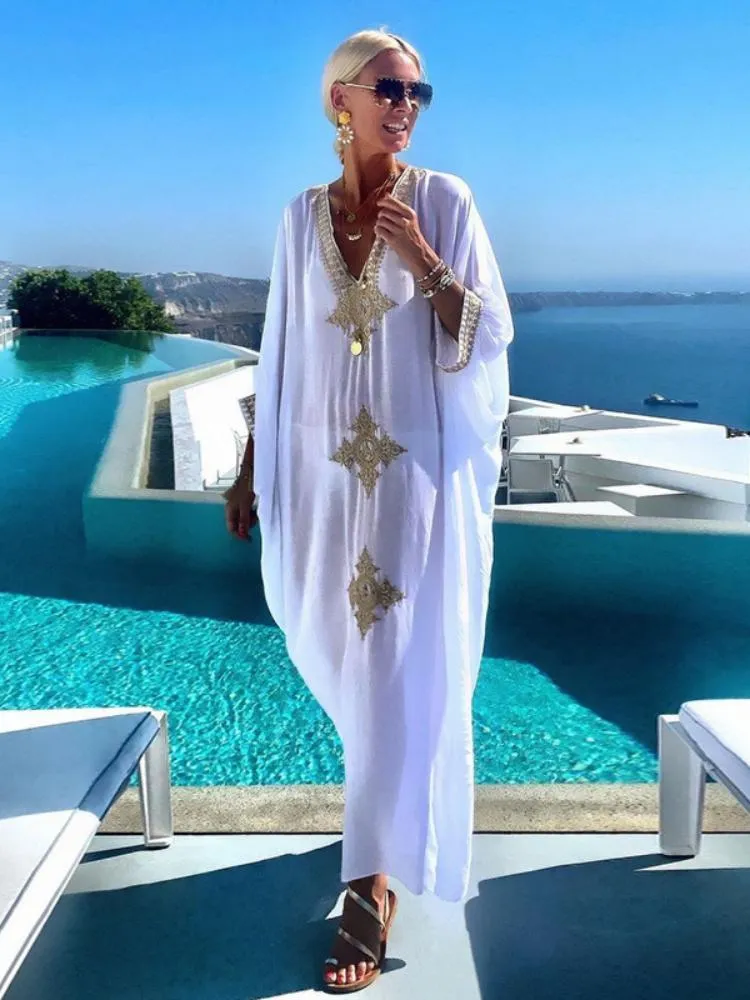 Bademode Strandkleider Kaftan Blumenstickerei Elegant Weiß Maxi Robe Tunika Kurzarm Badeanzug Cover Ups Strandmode