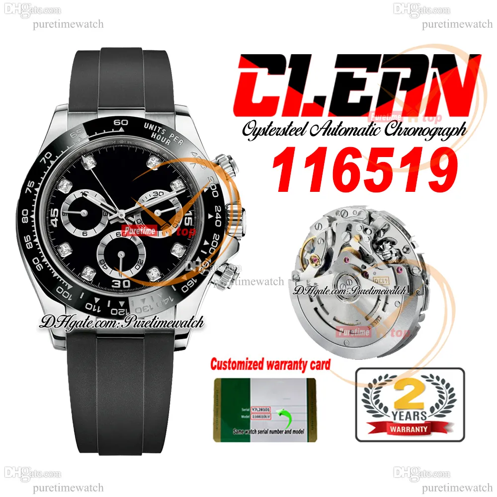 CF Clean Factory SA4130 Automatische chronograaf Heren Watch 1165 Steel Ceramic Bezel Black Diamonds Dial OysterFlex Rubber Strap Super Edition Versie Puretime RB01