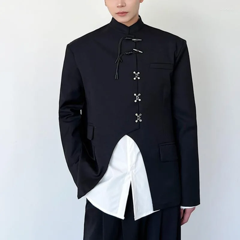 Costumes pour hommes chinois élégant hommes Blazer couleur unie col montant à manches longues fendu manteaux Streetwear Campus Style décontracté