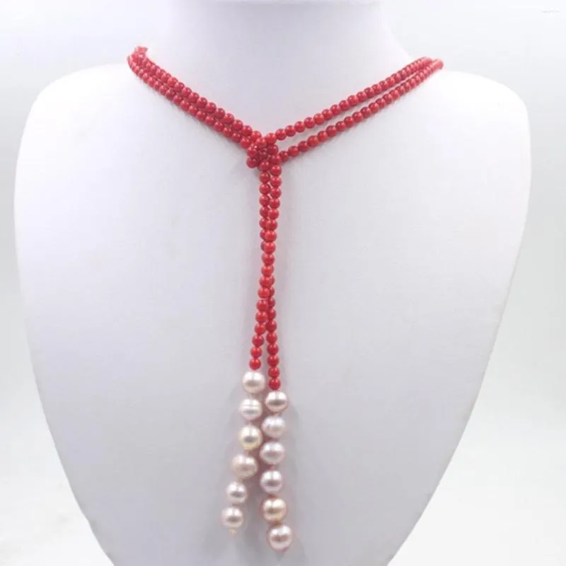 Corre as correntes colar de nó de amarrado de manuseio de suéter de coral vermelho de 4 mm 8-9mm quase redondo pérola para mulheres jóias de moda 50 polegadas