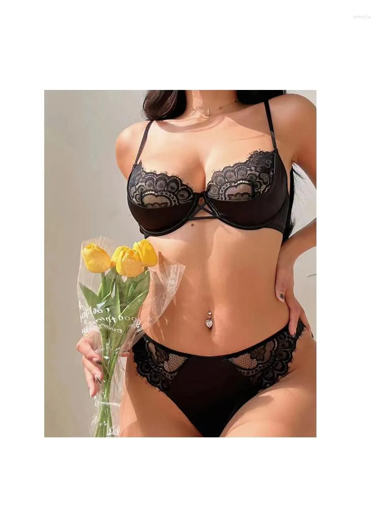 Bras Sets Sexy Ultra Thin Lace Bra Set Satin Splicing Large Chest Showing  Small Size Brassiere Prospective And Panty From 18,63 €