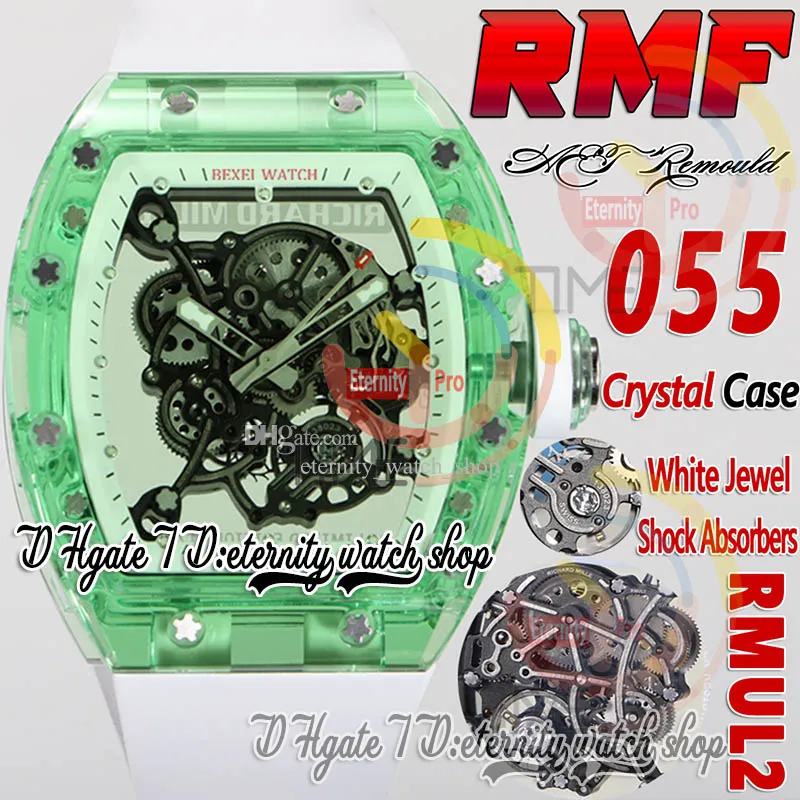 RMF AET 055 Mens Watch RMUL2 Mechanical Hand-winding True Balance Spring Green Crystal Case Skeleton Dial White inner ring Rubber Band Super Edition eternity Watches