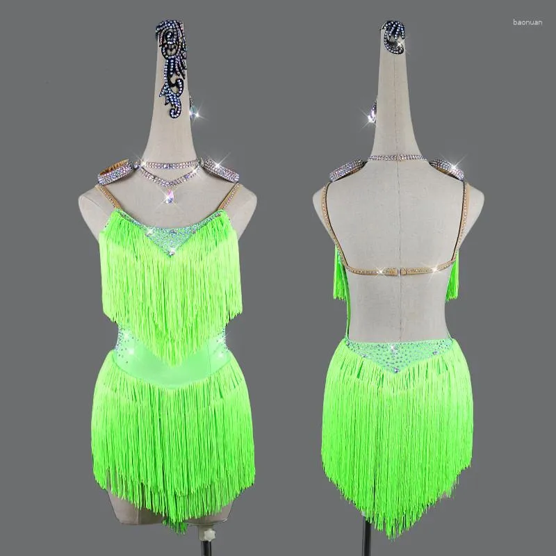 Vêtements de scène 2023 strass Sexy robe de danse latine été femmes compétition Costume Salsa salle de bal gland