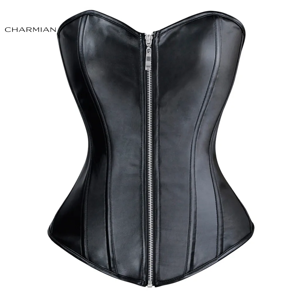 Waist Tummy Shaper Charmian PU Leather Corset Zipper Front Women's Steampunk Sexy Plus Size Strapless Overbust Corset Top Black Gothic Corselet 230818