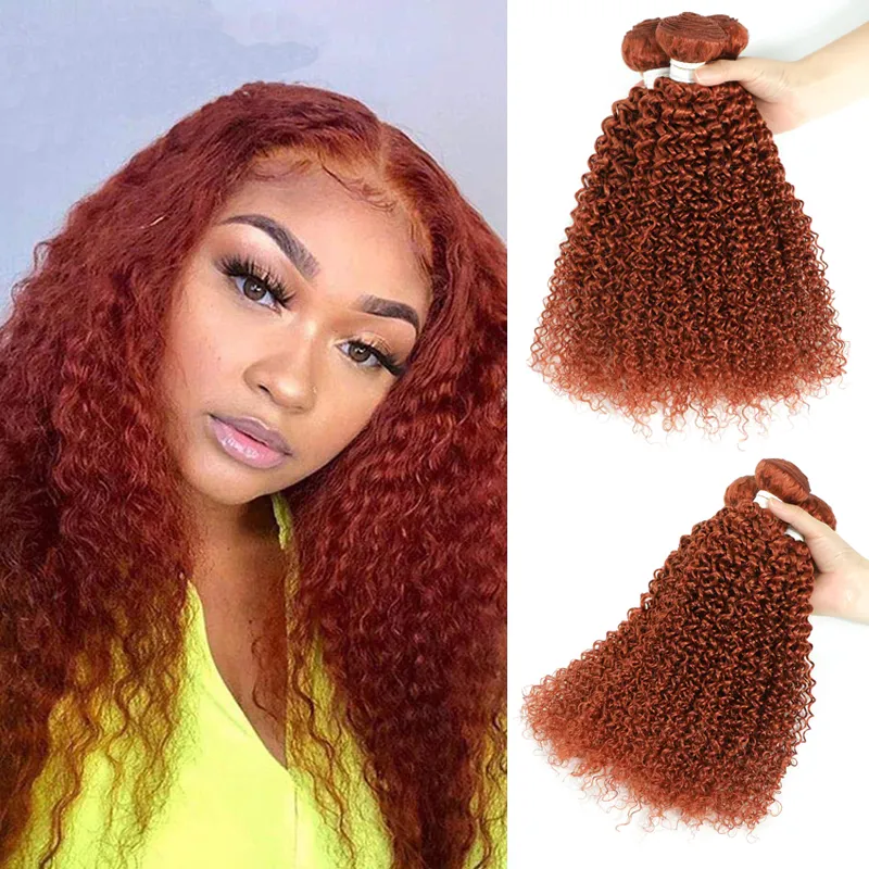 Kinky curly 350 orange ingefära färgade mänskliga väv brasilianska remy hårförlängningar 1/3/4 buntar