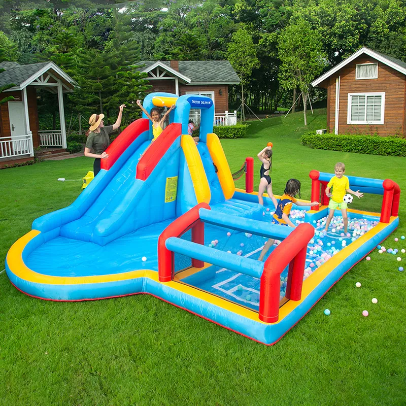 Maison de jeu gonflable pour enfants en plein air multi-fonctions toboggan aquatique jeux de saut volley-ball et terrain de football terrain de sport but de football aire de jeux jouets de fête amusants