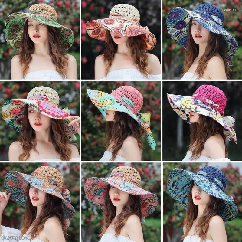 Berets Straw Hat Panamas UV Protection Sun Visor Seaside Beach Tide Summer Hats Women's Bucket Folding Fashion Sweet Boho