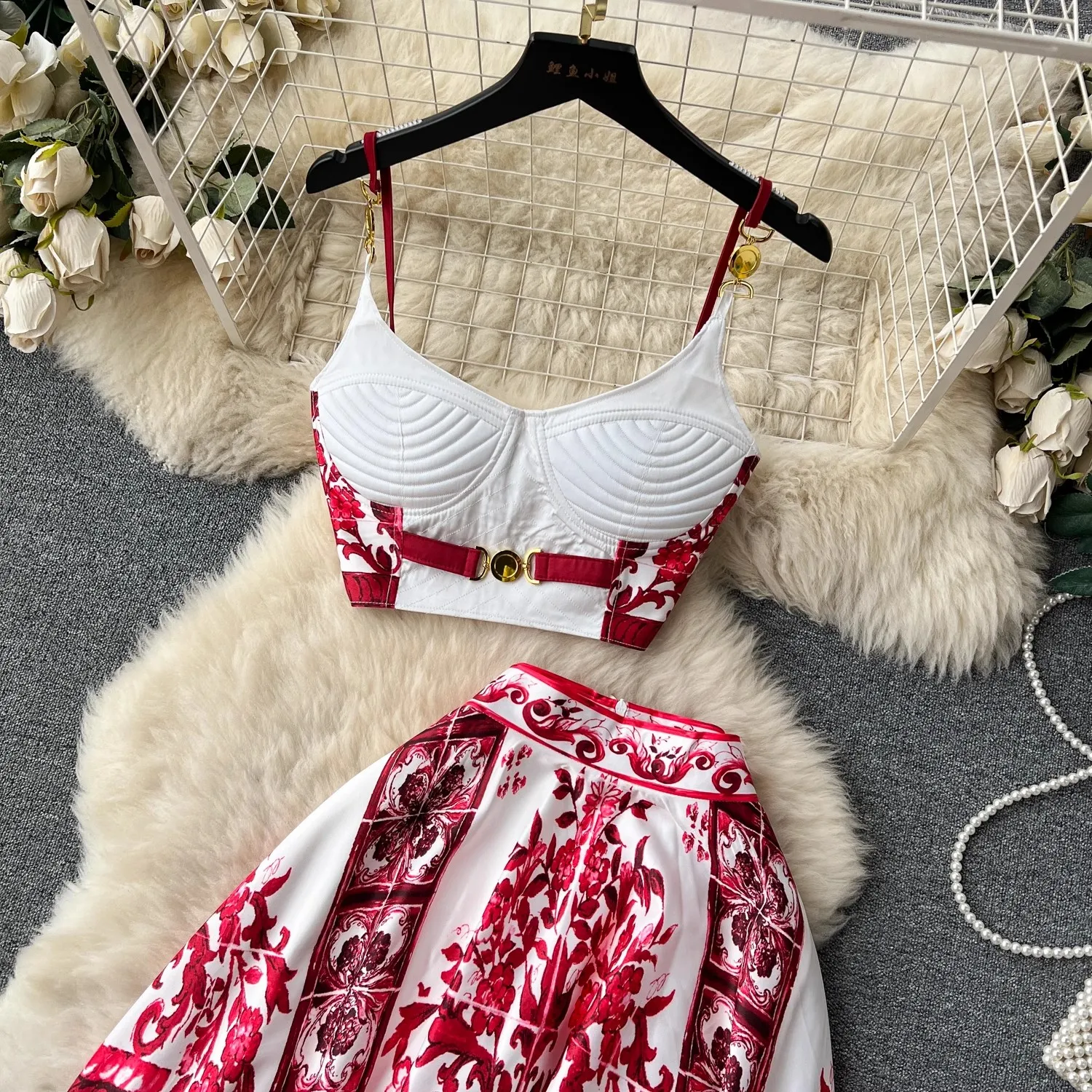 New Summer Beach Boho Holiday Vacation Women Two Piece Dress Sets Sexy Strapless Fashion Dots Print Short Chiffon Shirt And High Waist Mermaid Long Skirt Set 2024