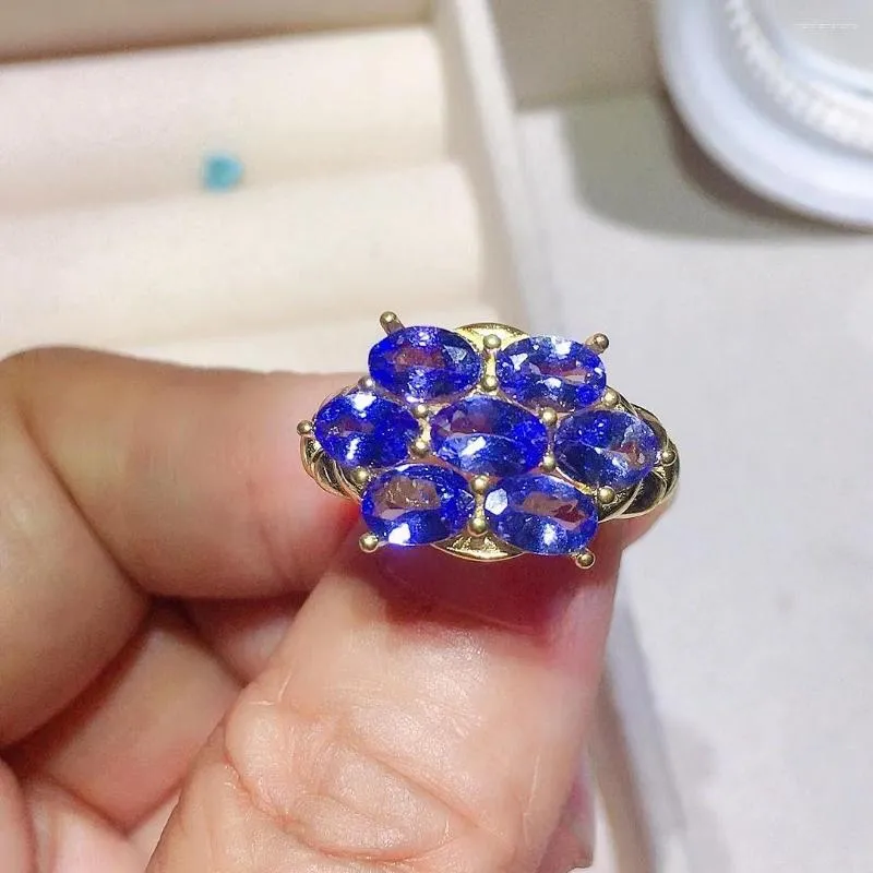 Cluster Rings Luxury Tanzanite Ring for Party 18K Gold Plating Totalt 3,5ct 4mm 6mm Natural Silver 925 Gemstone Jewelry