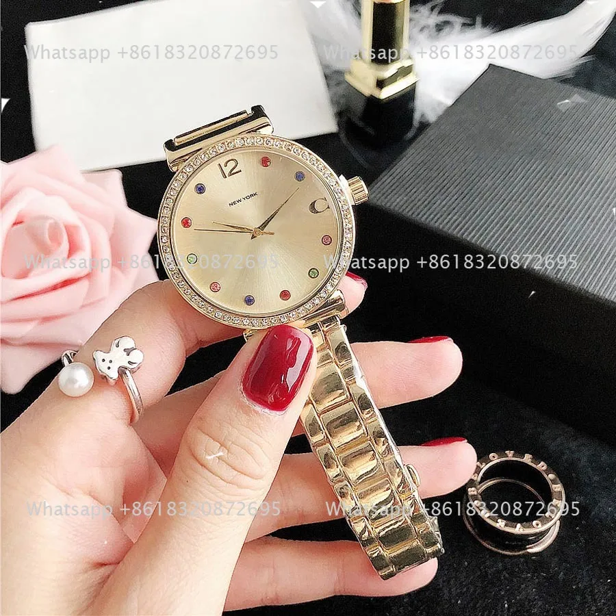 Marque de mode avec logo de luxe femmes filles coloré diamant Style métal acier bande Quartz montre-bracelet COA 10