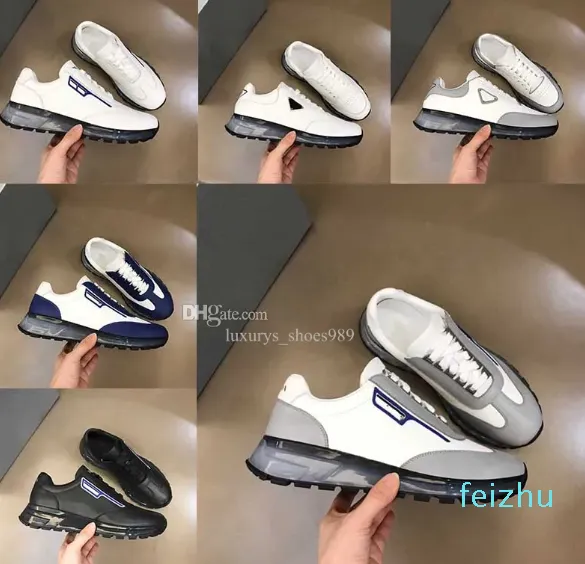 Scarpe casual di lusso, logo a triangolo singolo, scarpe in pelle nera, sneaker a cuscino ad aria con sola spessa, scarpe casual classiche e scarpe da ginnastica.