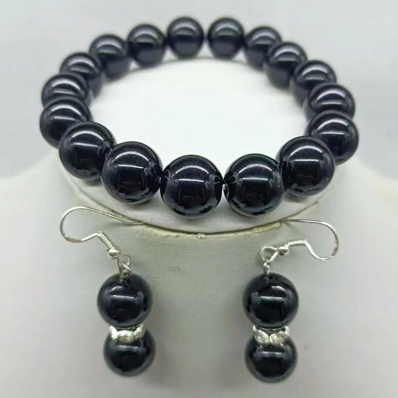 Halsbandörhängen Set Vackra 12mm Black Agate Onyx Round Beads Armband 7,5 tum Damsmycken