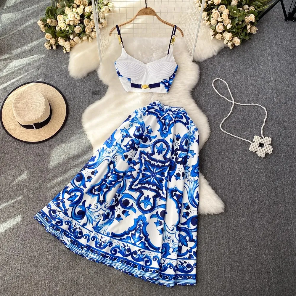 New Summer Beach Boho Holiday Vacation Women Two Piece Dress Sets Sexy Strapless Fashion Dots Print Short Chiffon Shirt And High Waist Mermaid Long Skirt Set 2024