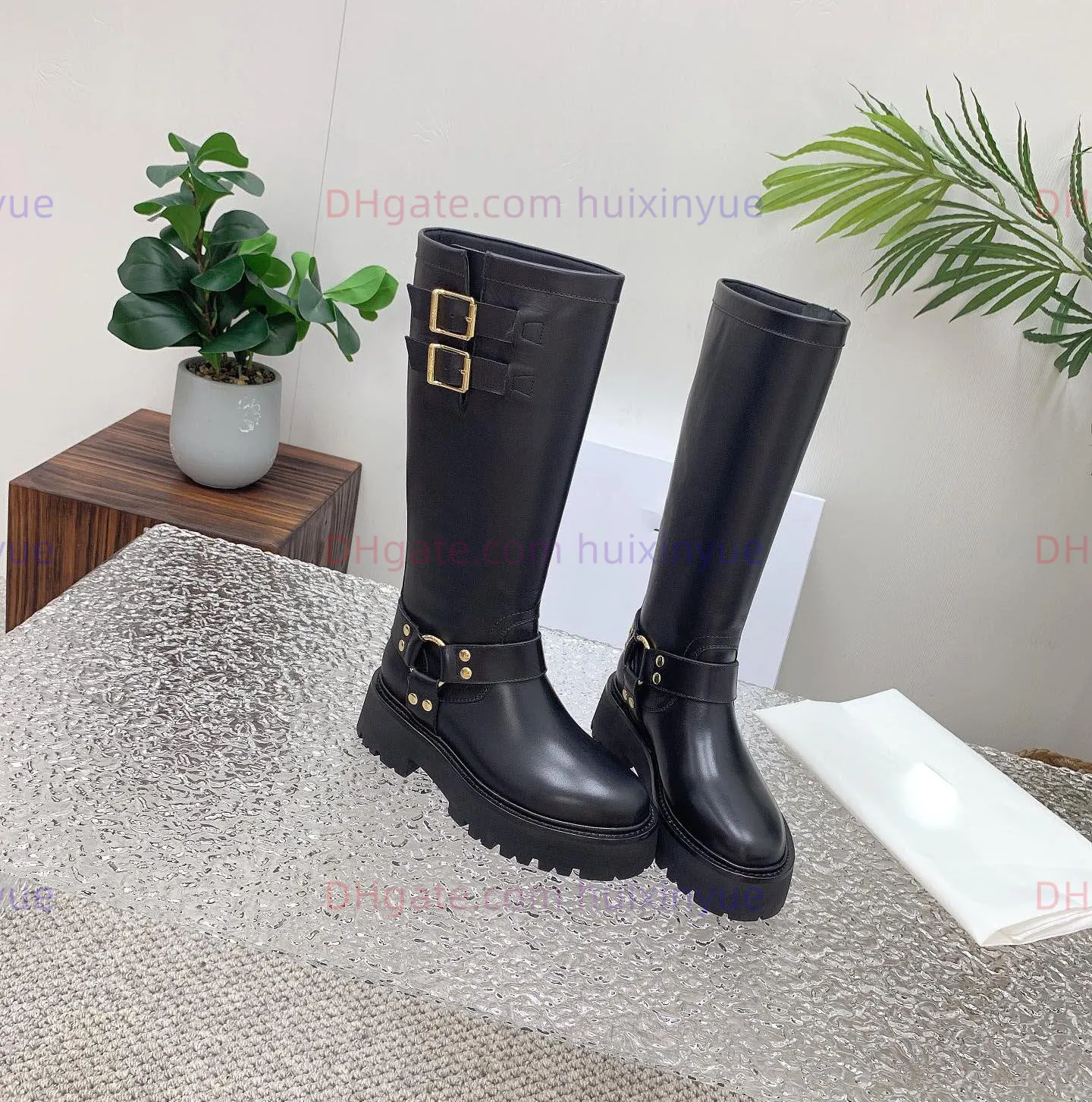 Fashion Boots Designer Knie Boots Motorcycle Boots Vintage Hardware Buckle Women Rubber Sole Echte lederen kalf Leather Motorfiets Laarzen Leisure Knight Boots