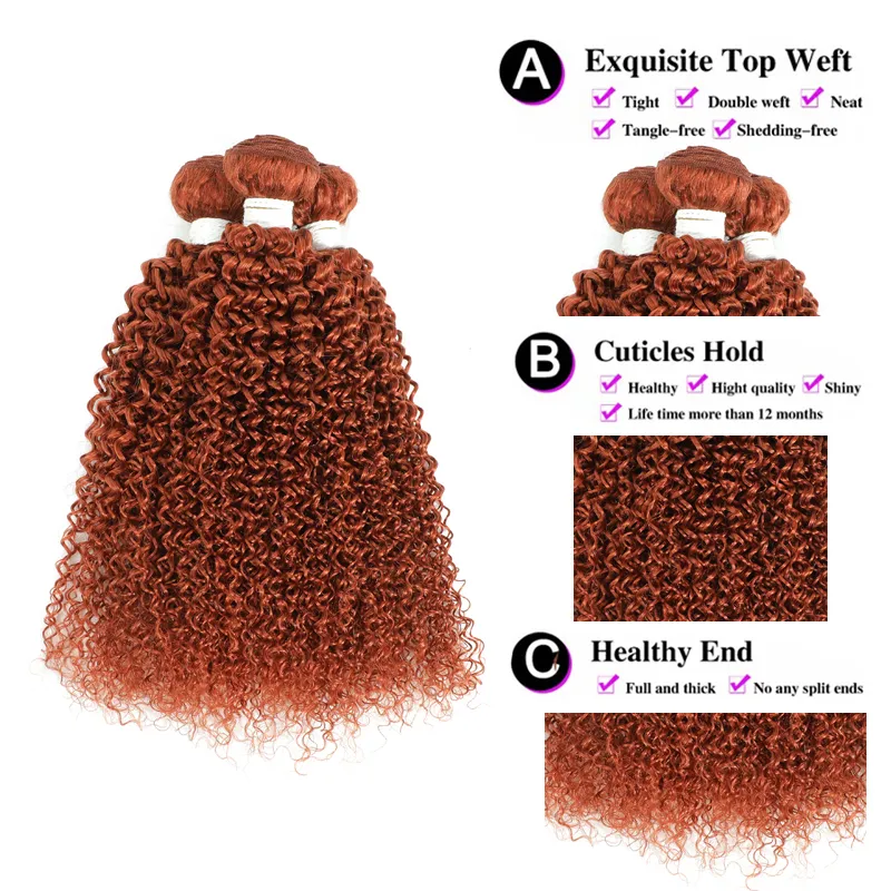 Kinky Curly Human Hair Bundles 350 Orange Ginger Colored Human Hair Weave Bundles Brazilian Remy Hair Extensions 1/3/4 Bundles