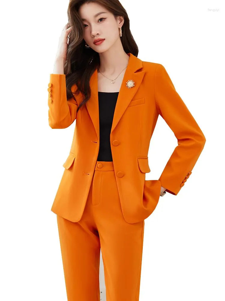 Kvinnors tvåbitar byxor Orange Red Beige Black Women Pantdräkt Dam Kvinnliga Slim Single Breast Work Wear Formal Blazer och byxa 2 Set