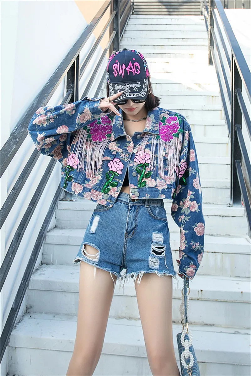 Save Big on Bulk Harajuku Womens Clothes Streetwear Harajuku Women's Short  Denim Jacket With Sequined Floral Print And Tassel Detail Long Sleeve