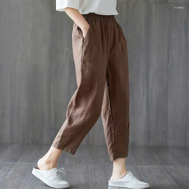 Dames broek vrouwen zomer harem katoenen linnen capri ademende enkellengte broek casual retro losse broek met zakken