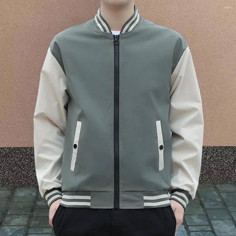 Men's Jackets Color Matching Men Coat Baseball Jacket Striped Stand Collar Cardigan For Casual Streetwear Spring Fall Seasons