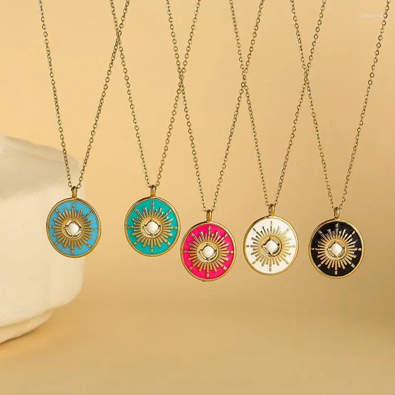 Colliers pendants Collier en acier inoxydable creux circulaire pour femmes bijoux de mode polychrome d'huile bohème