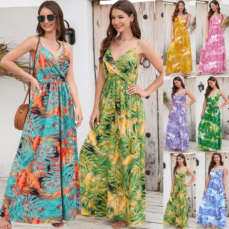 Casual Dresses 2023 Elegant Dress Women's Summer Print Spaghetti Strap Loose Open Back V-Neck Bohemian Style