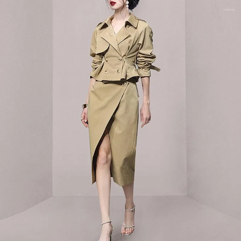 Two Piece Dress Spring Autumn Elegant 2 Set Women Double Breasted Crop Trench Coats Tops And High Waist Split Pencil Skirts Suits