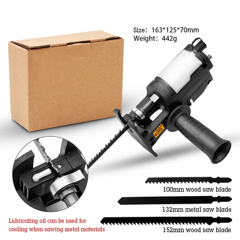 Bärbar fram- och återgående sågadapter Electric Drill modifierad till elektrisk sågmetallskärningsverktyg med oljetank 3st Saw Blade