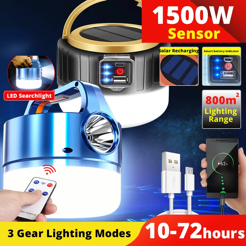 Lanternes portables 1500W Solaire LED Camping Lumière Tente Lampe USB Rechargeable Ampoule Lanternes Portables Accrocher Lampe de Poche Réparation D'urgence SensingLight 230820